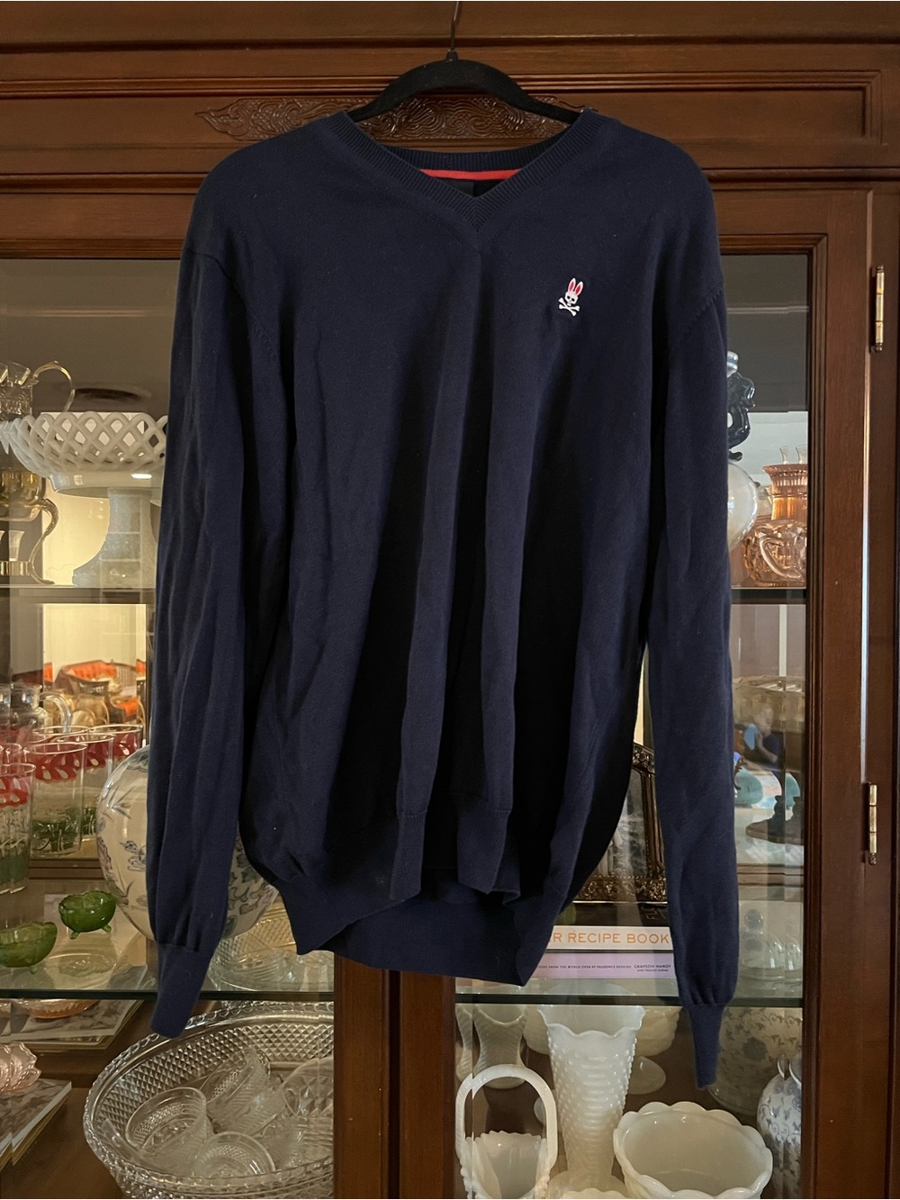 Psycho Bunny Men's Navy V-Neck Sweater with Embroidered Logo size L